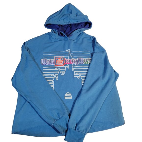Disney Parks Women’s Medium Blue Retro Print Castle Cropped Hoodie Lightweight - Picture 5 of 7
